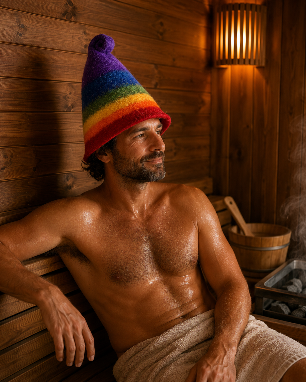 Felted Sauna Wizard Hat - Rainbow