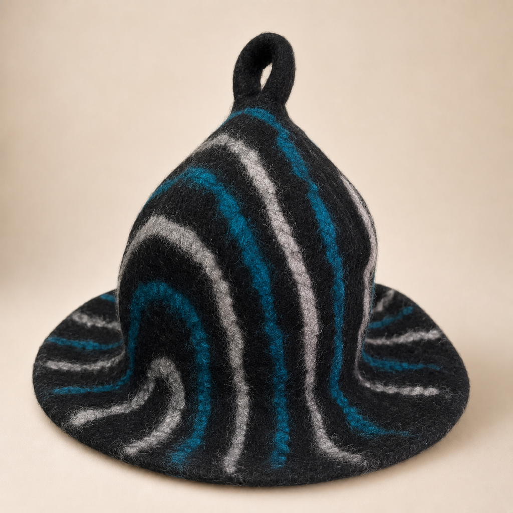Felted Sauna Bowl Hat - Black Blue Streaks